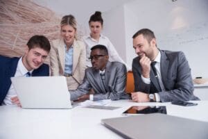 Workers discussing work