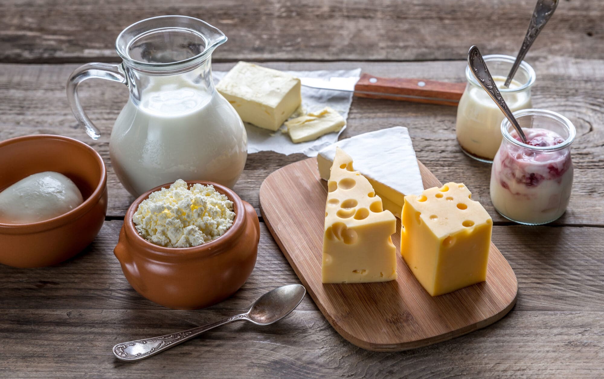 Range of dairy products out on worktop