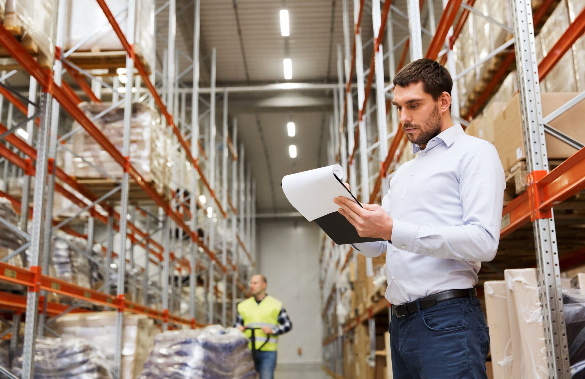 Environmental health officer checking a warehouse