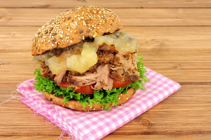 Fresh hog roast meat in burger