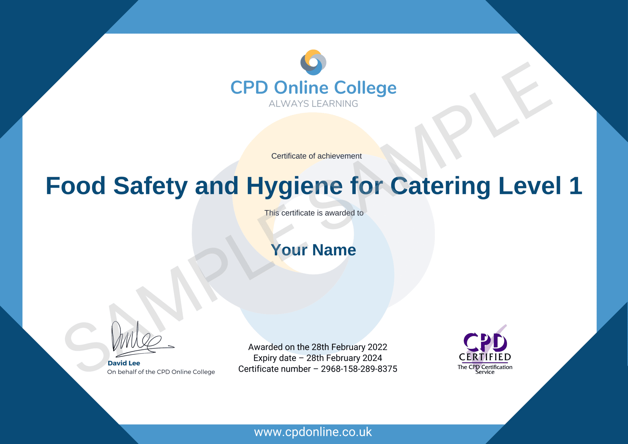 CPD Certificate - Food safety and hygiene for catering level 1